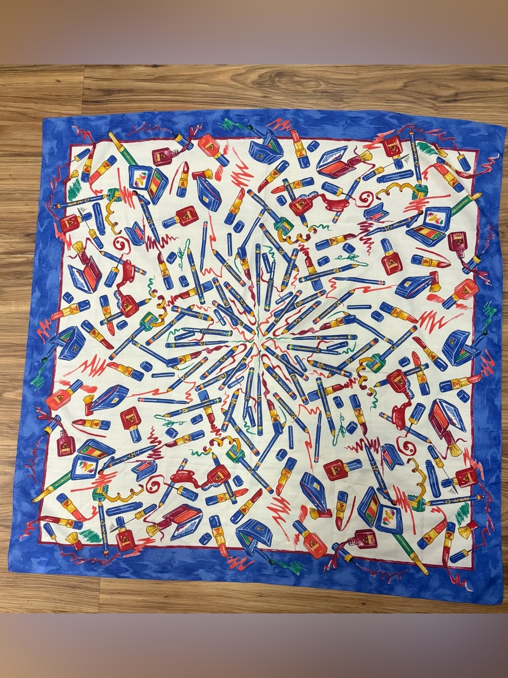 Vintage 90s Avon Novelty Makeup Print Square Scarf Made in Italy Royal Blue